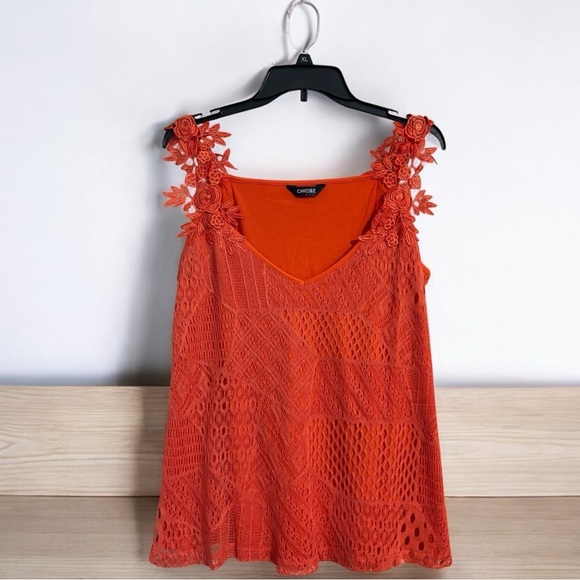Chicme Orange Lace Tank Top Size Large Floral Shoulder Lined Flowy Summer V-Neck - Picture 2 of 5